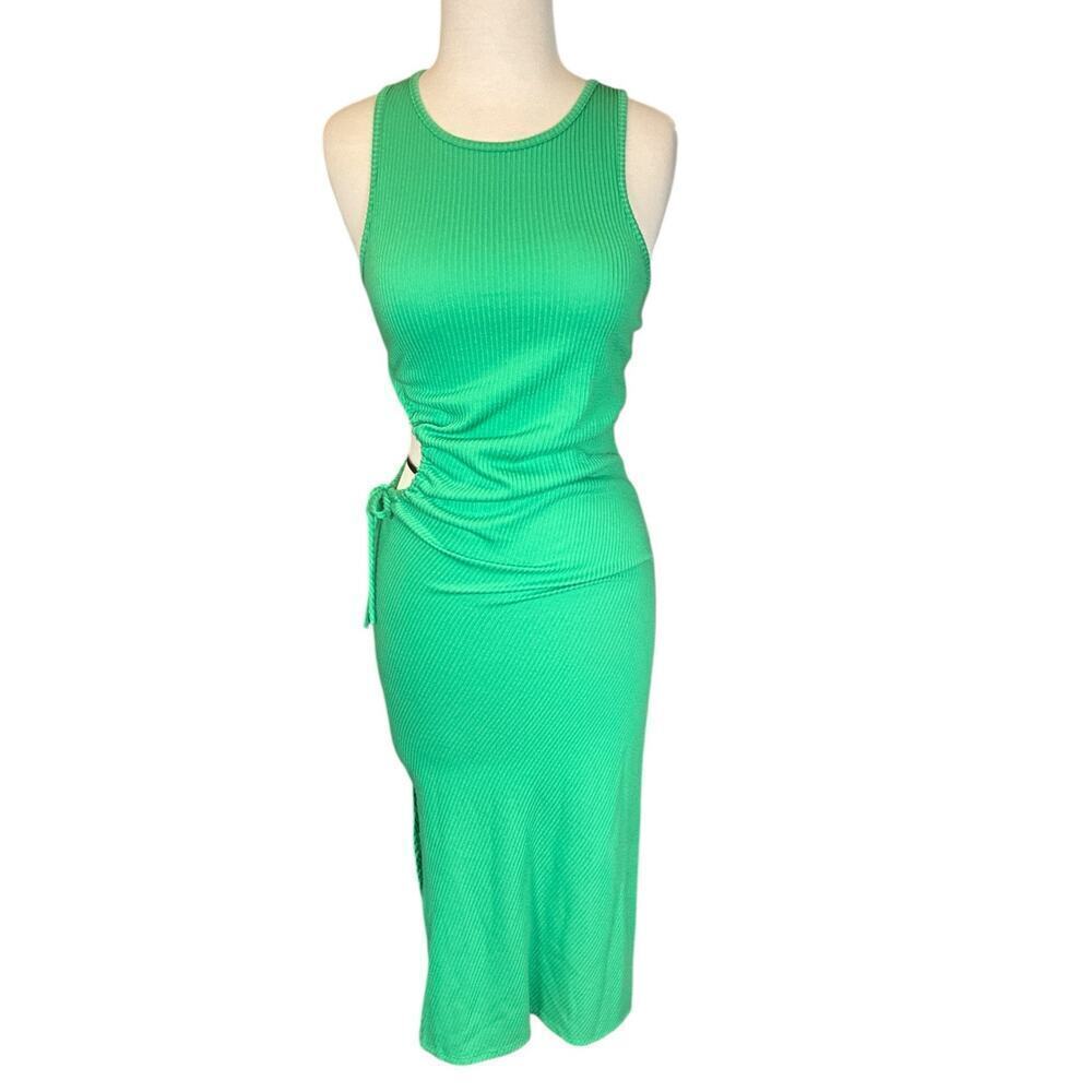 Caution To The Wind Midi Side Cut Out Side Slit Ribbed Tank Size Medium Green